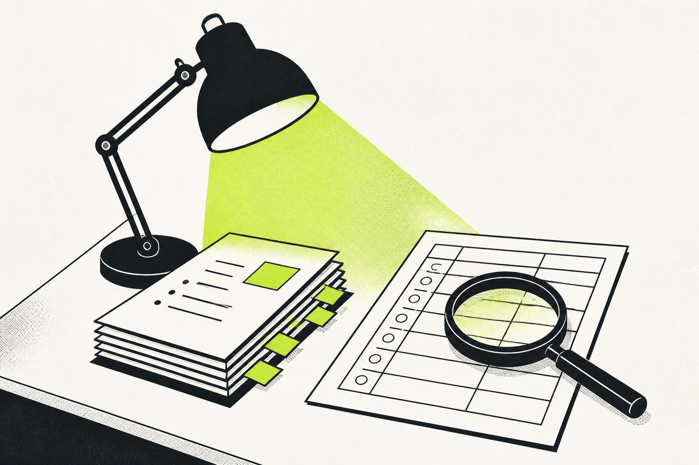Desk lamp over review notes and a magnifying glass