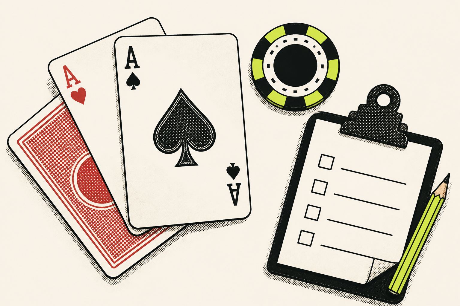Graphic of cards, a chip and a checklist on a desk