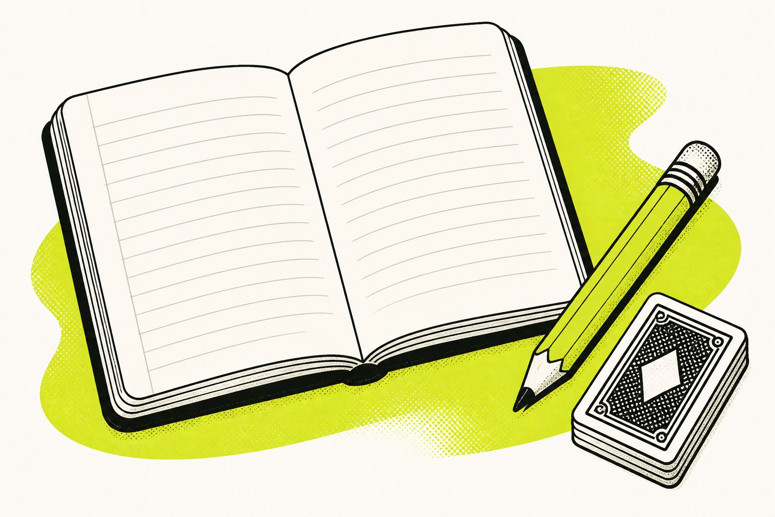 Notebook, pencil and playing cards illustration
