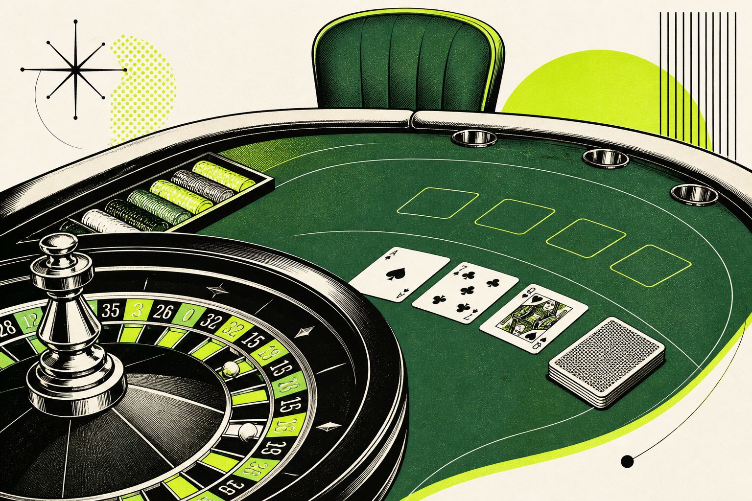Stylised live table with roulette wheel and cards